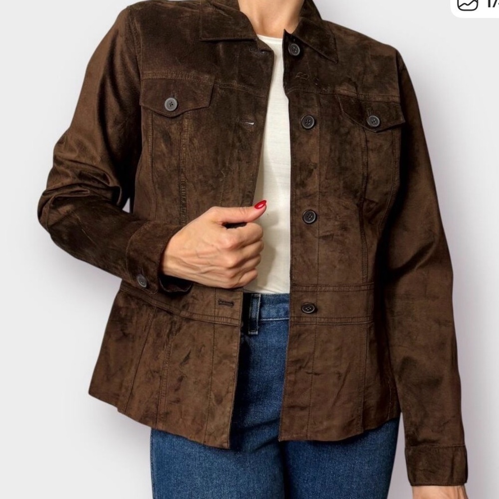 APOSTROPHE Brown Sueded Leather Button Front Jacket